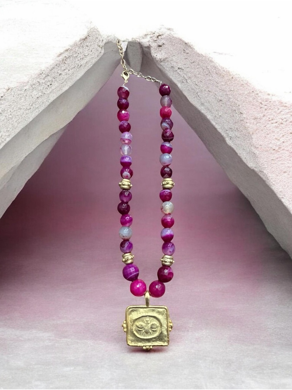 Handcrafted Gold Pendant Necklace with Fuchsia Agate Beads